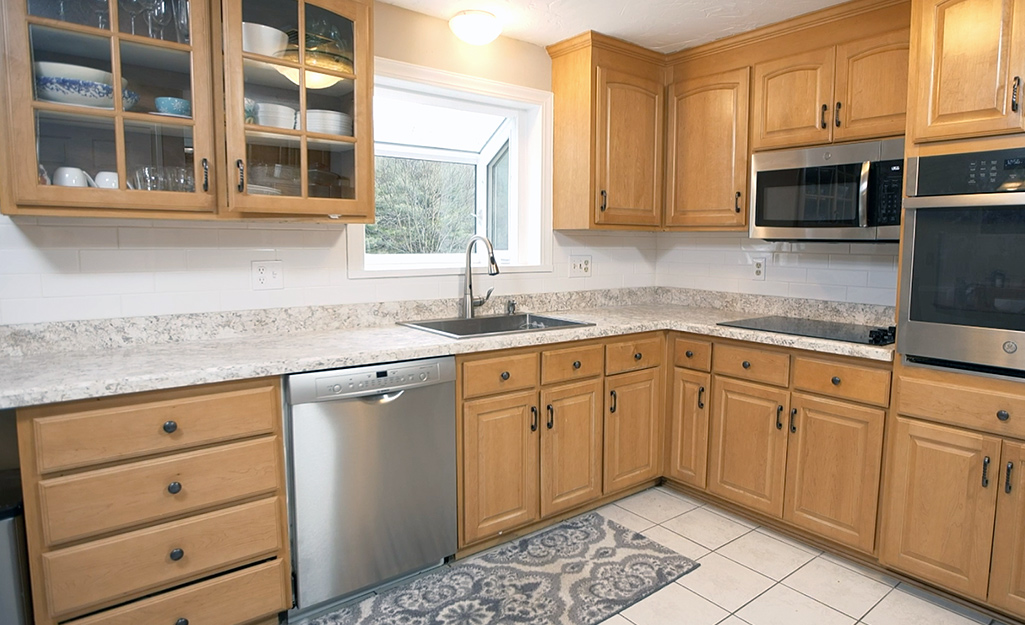 A kitchen with a finished laminate countertop. 