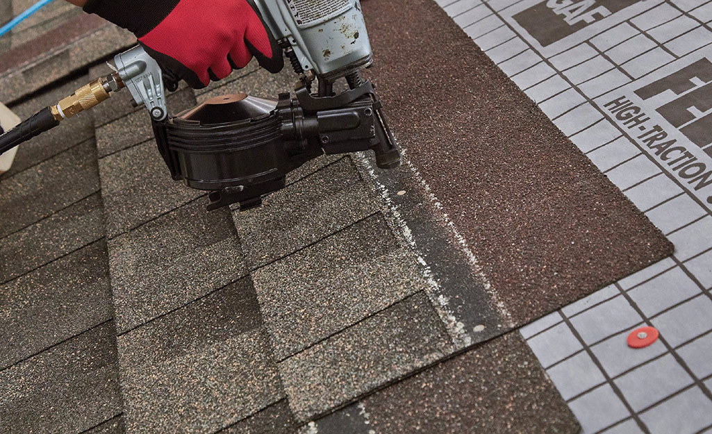 The top of a shingled roof.