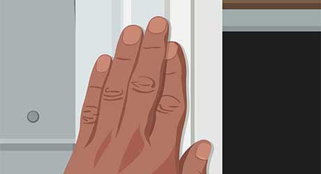 Illustration of person's hand applying special-order moulding to window with nailing fin. Illustration of person's hand applying special-order moulding to window with nailing fin.