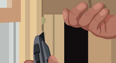 Illustration of person's hand holding a utility knife to trim off excess insulation from shims. Illustration of person's hand holding a utility knife to trim off excess insulation from shims.