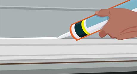Illustration of person caulking window frame with bottle of caulk. Illustration of person caulking window frame with bottle of caulk.