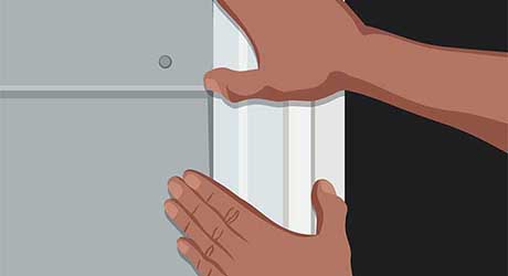 Illustration of person setting window inside window cutout area. Illustration of person setting window inside window cutout area.