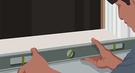 Illustration of person leveling a window with a large level. Illustration of person leveling a window with a large level.