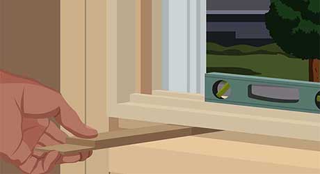 Illustration of person shimming a window with a side jamb before tacking in place. Illustration of person shimming a window with a side jamb before tacking in place.