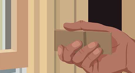 Illustration of person's hand placing centering a window sham with a shim. Illustration of person's hand placing centering a window sham with a shim.