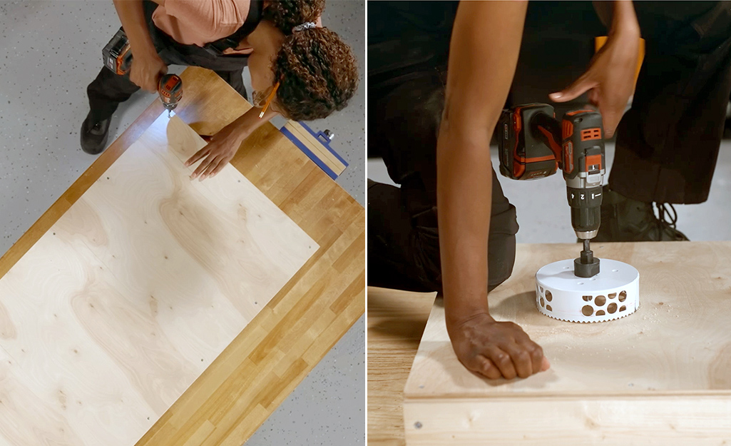 A person attaching the top of a cornhole board to its base and using hole saw to drill an opening..