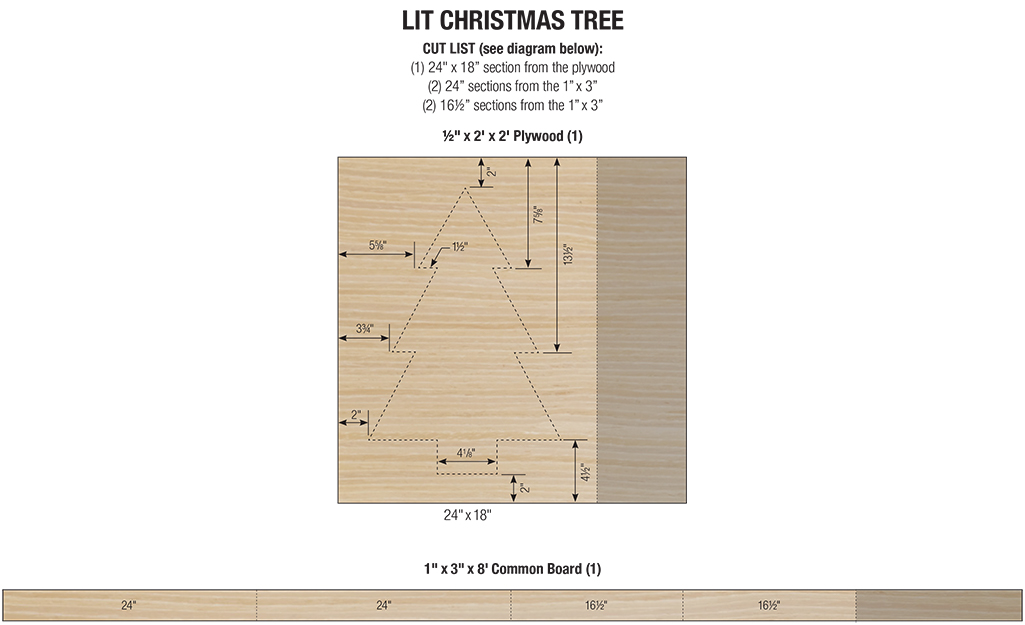 Diagrams reveal dimensions of boards and where to cut to make a Christmas tree sign.