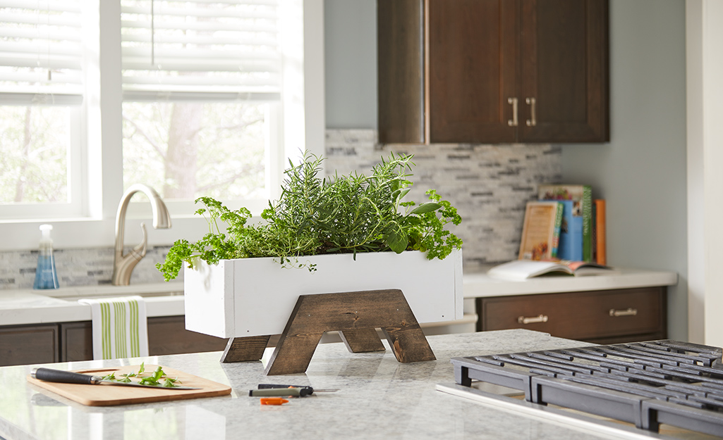 A white, DIY indoor herb planter on a wooden stand on a kitchen counter.