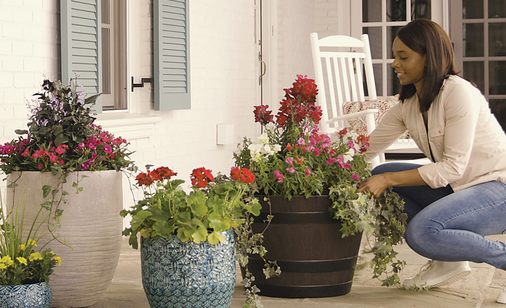 Gardener planting flowers in containers on porch