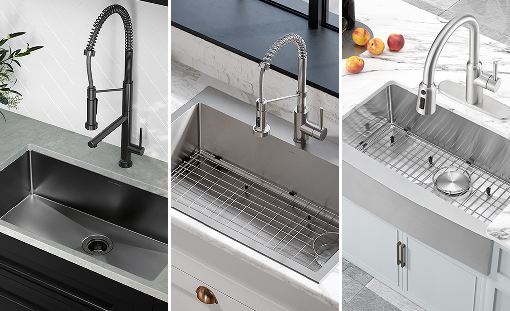 Three kitchens that feature an undermount sink, a drop-in sink and a farmhouse sink.