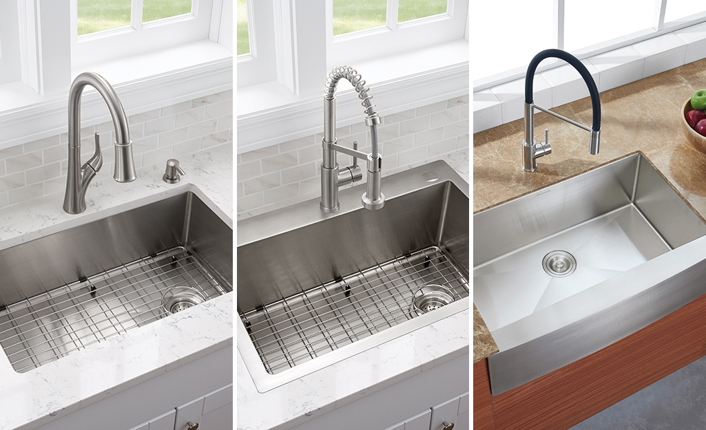 An undermount sink, a drop-in sink and a farmhouse sink.
