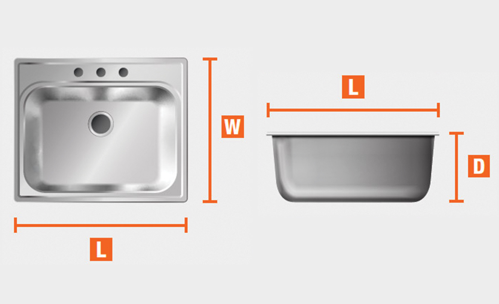 A diagram illustrates how to measure your sink's width and depth.