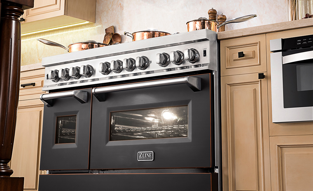 Range with double oven installed in a kitchen.