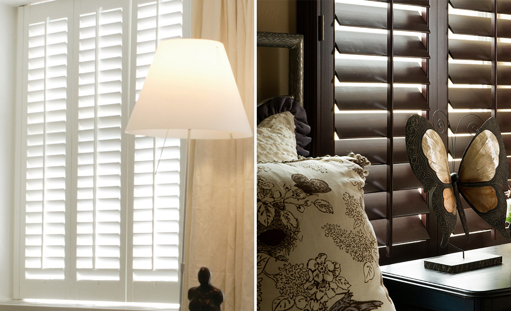 A side by side image of inside mount and outside mount plantation shutters.