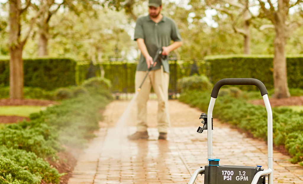 A person pressure washing a walkway lined with shrubs and mulch.