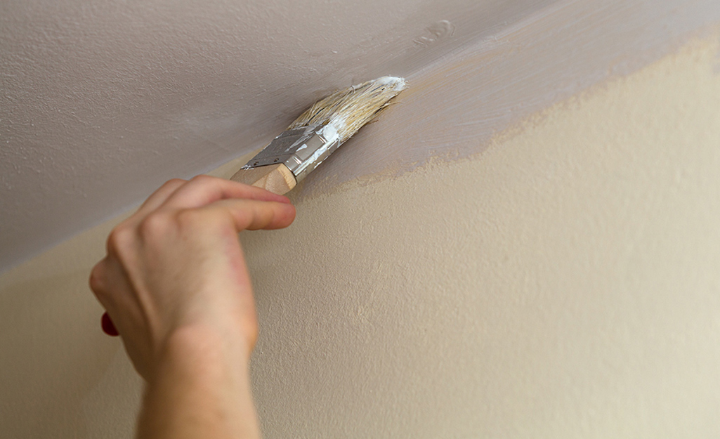 A person paints the edges where the ceiling meets the wall.