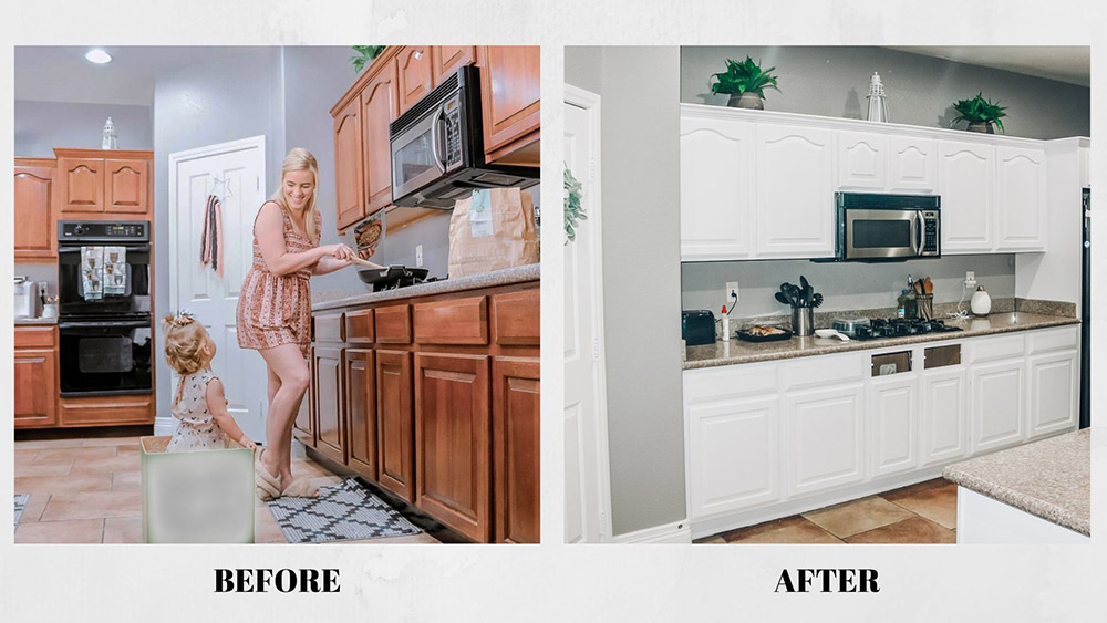 A before and after shot of a kitchen