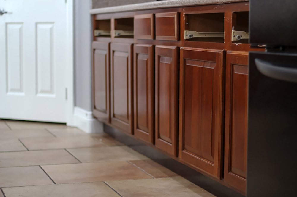 A shot of bottom cabinets with drawers missing