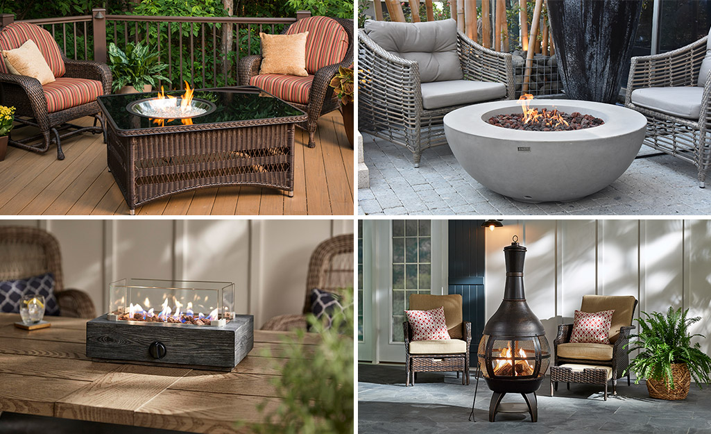 A fire pit table, round fire pit, tabletop fire pit and a chiminea.