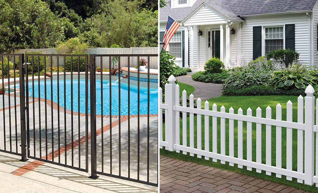 In this divided image, a metal fence safeguards a pool and a white picket fence stands in front of white house.