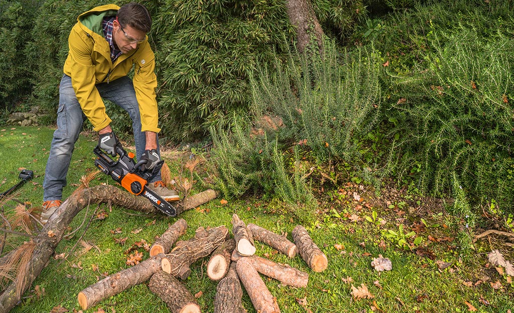 Someone cutting up a fallen tree with a chainsaw.