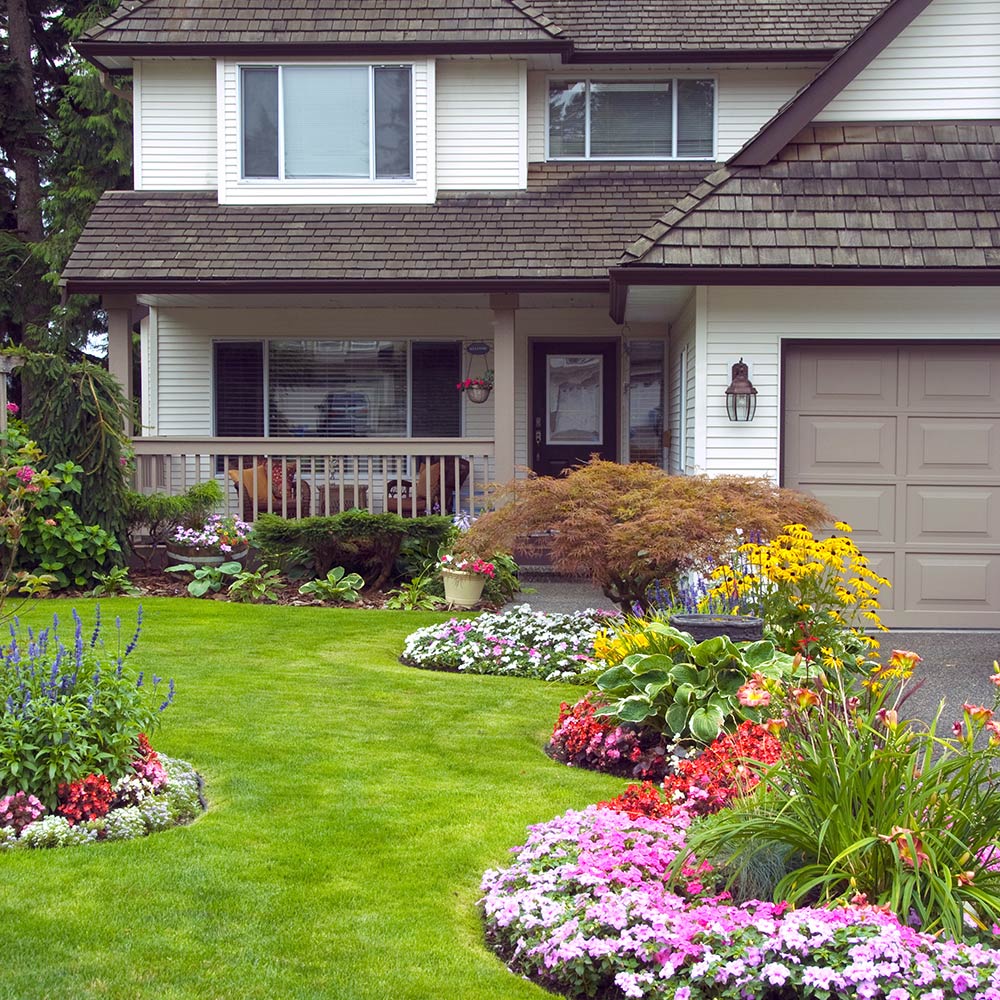 Front yard with green grass and flower beds