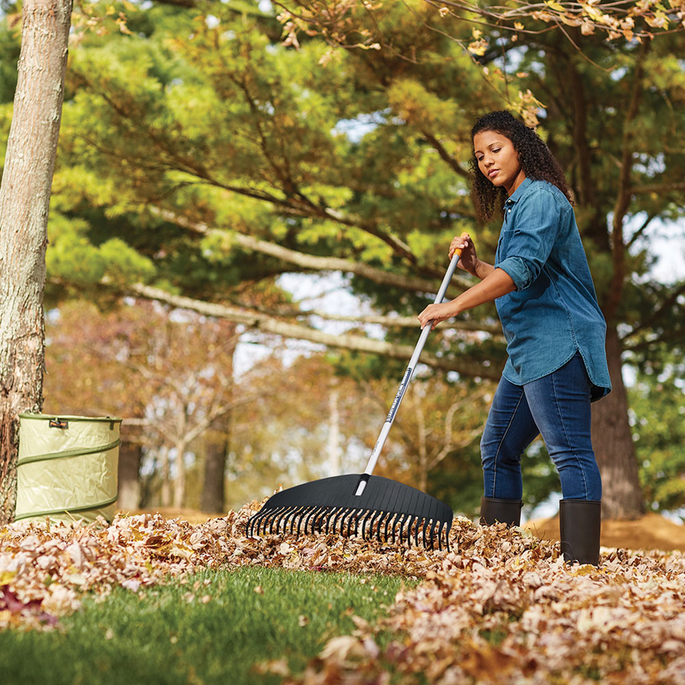 Woman raking leaves on a yard with a large rake.