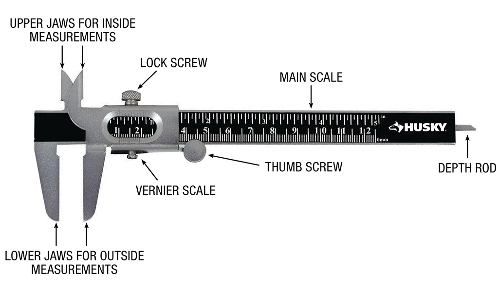 A vernier caliper with its parts labeled.