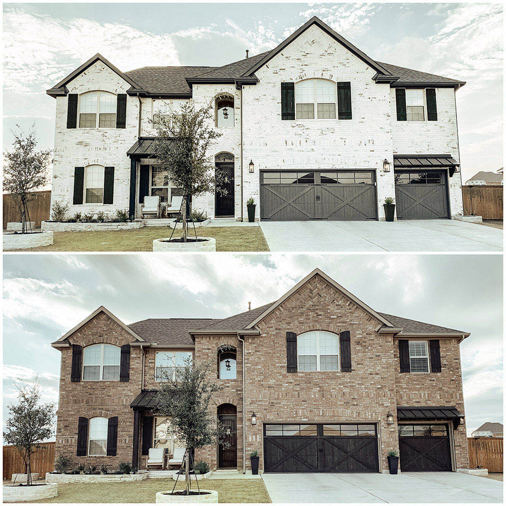 The before and after of a home’s exterior with classico limewash.
