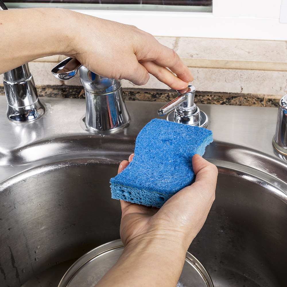 Person adding soap to a sponge.