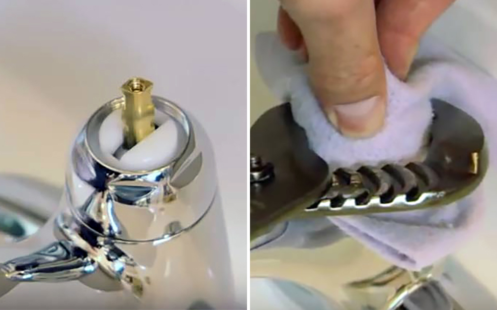 The handle cap of a ball faucet is removed with tongue and groove pliers.