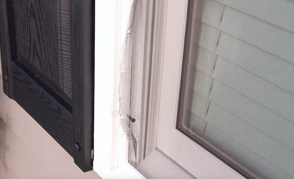 A window frame with a torn out window screen.