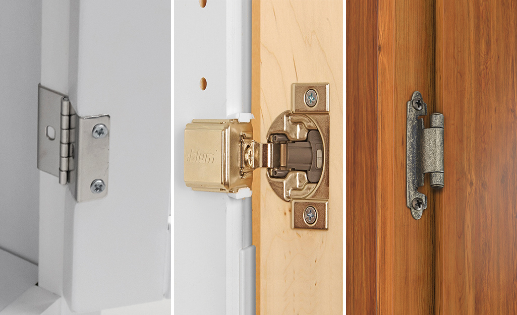 Three different types of cabinet hinges attached to different doors.