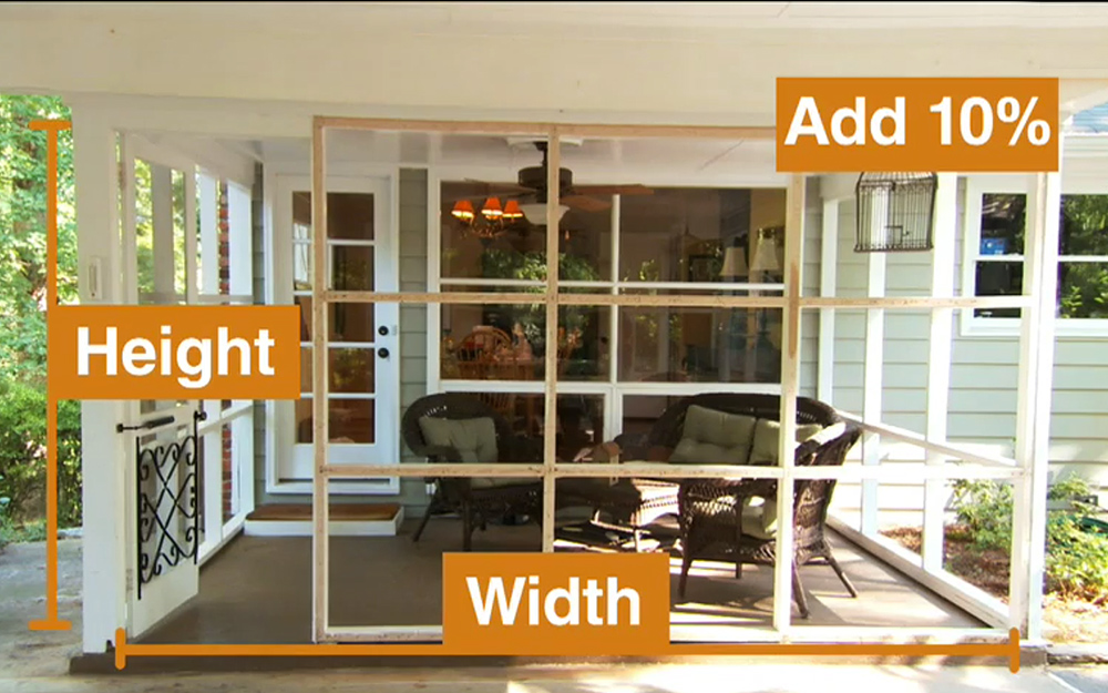 Width and height dimensions are indicated for a screened-in porch.