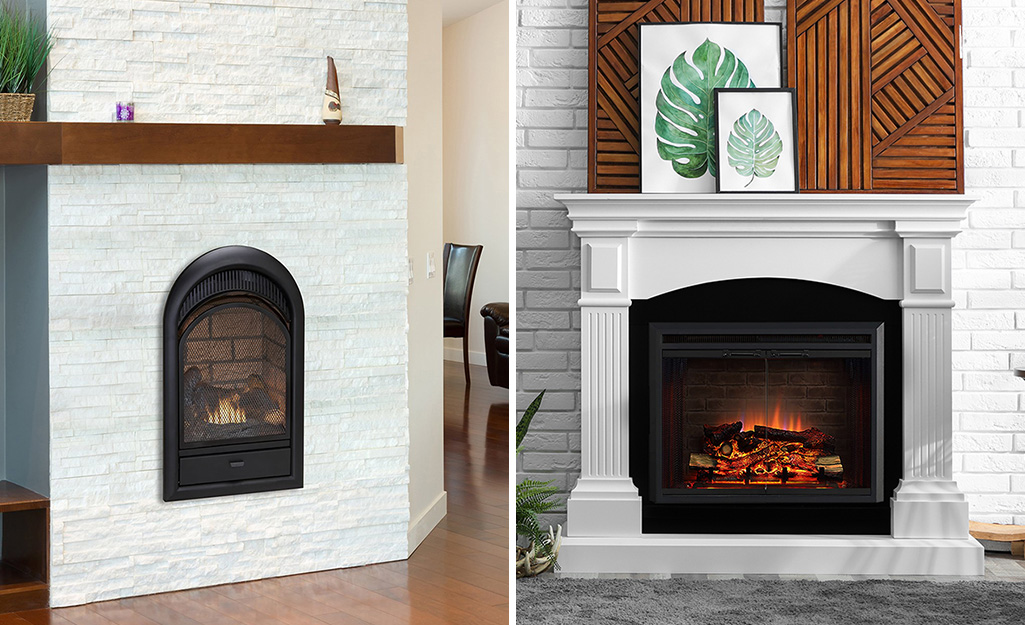 A split photograph shows an arched fireplace insert on one side and a rectangular insert on the left. 