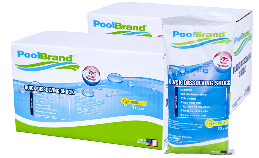 Two boxes of quick dissolving pool shock sit next to one smaller bag of the pool shock on a white background.