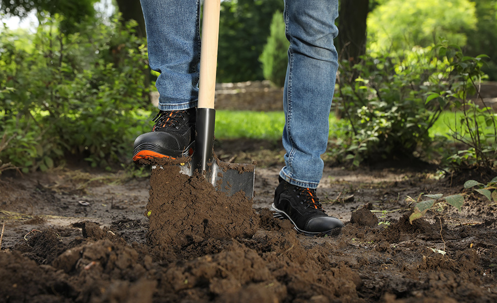 A person digging in enriched soil.