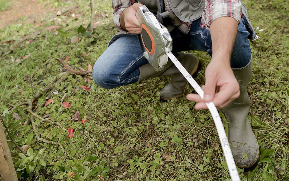 Person measuring a garden area