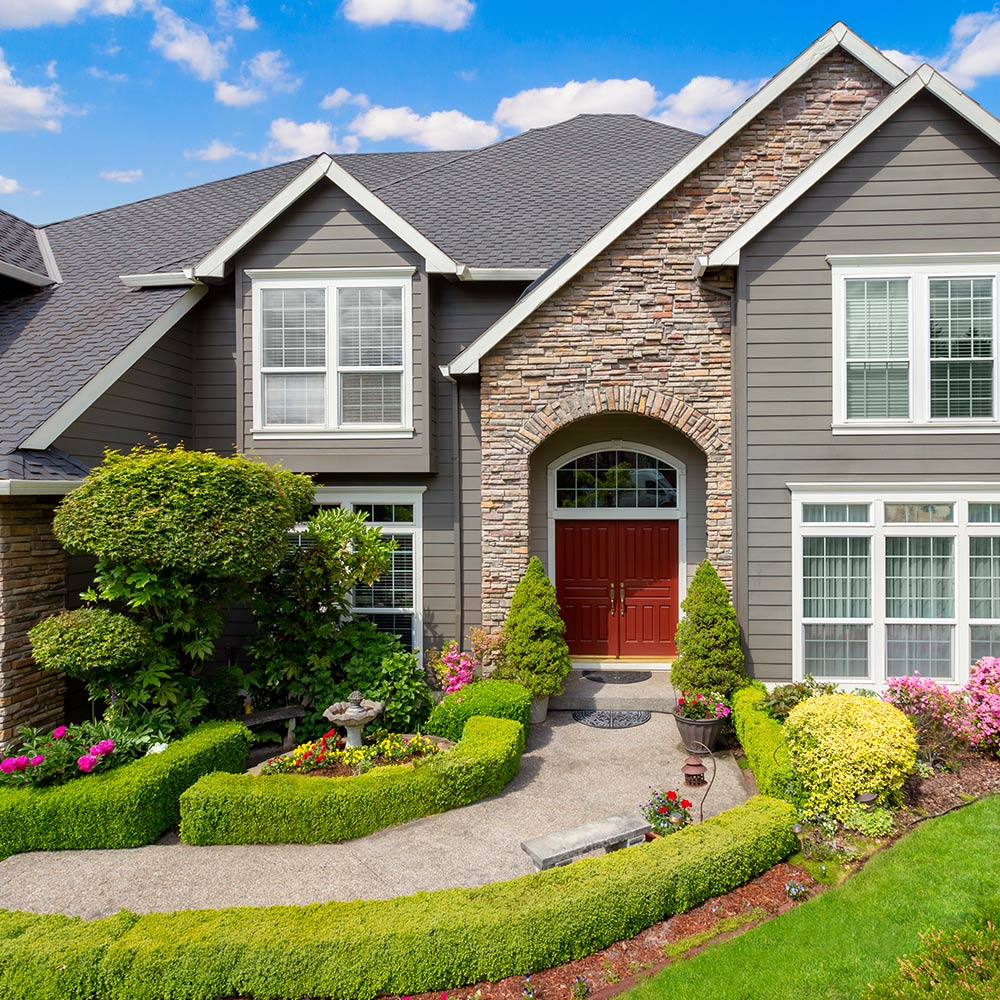 Front yard with pruned shrubs