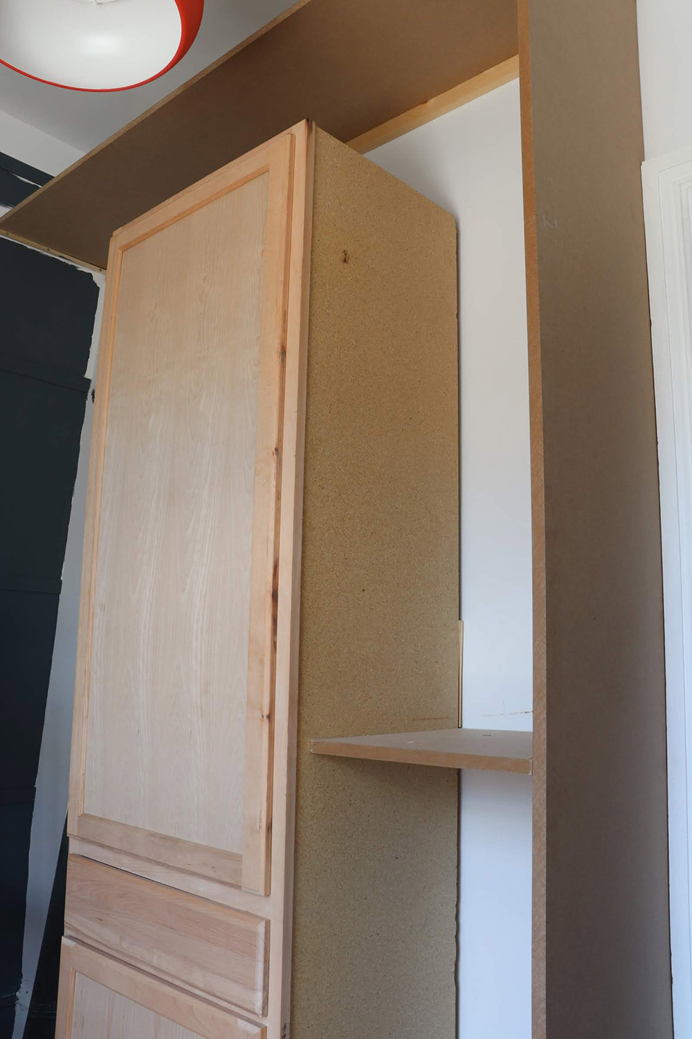 A custom wood closet frame