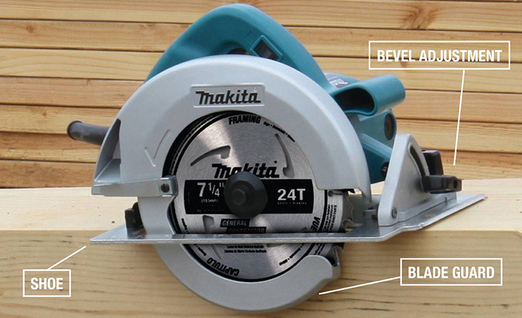 A circular saw with some of its parts identified.