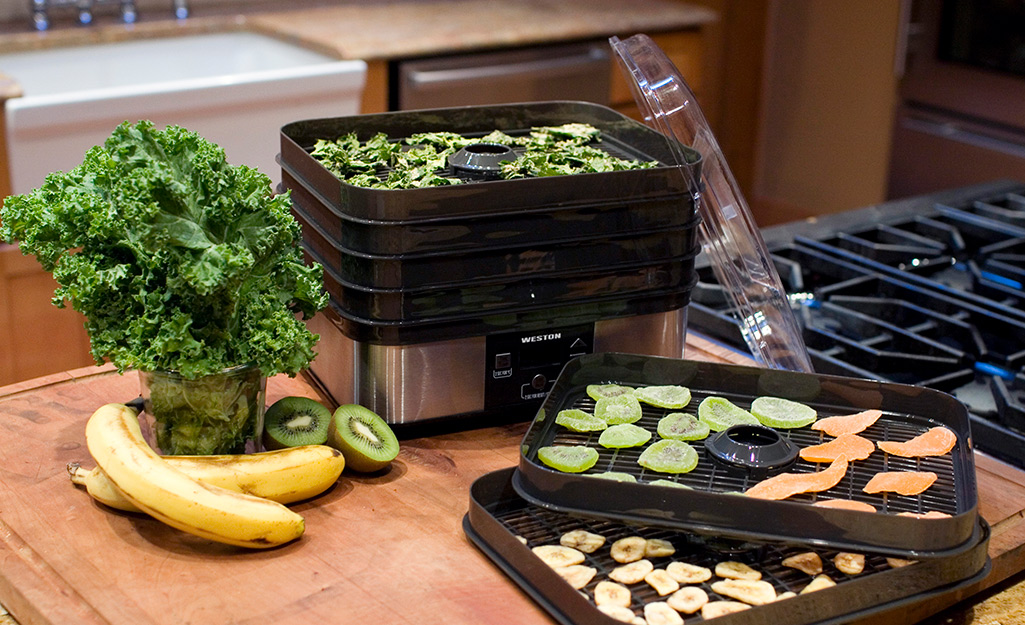 Several dehydrator trays on a counter filled with bananas, kiwi and kale.