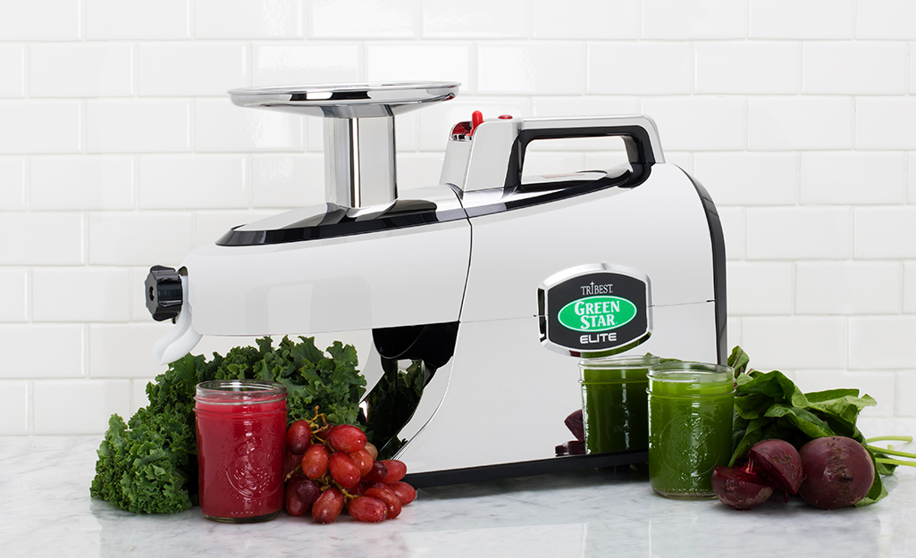 A juicer sits on a kitchen countertop. 