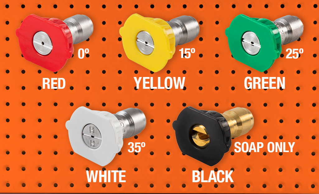 Pressure washer nozzles shown by color and degree. 