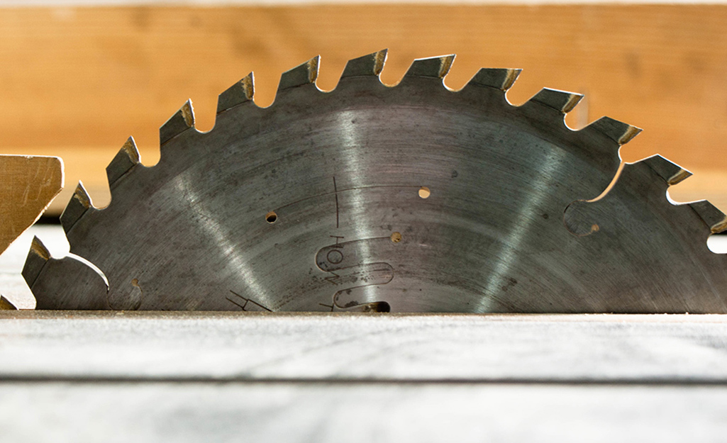 An up close view of a table saw blade.