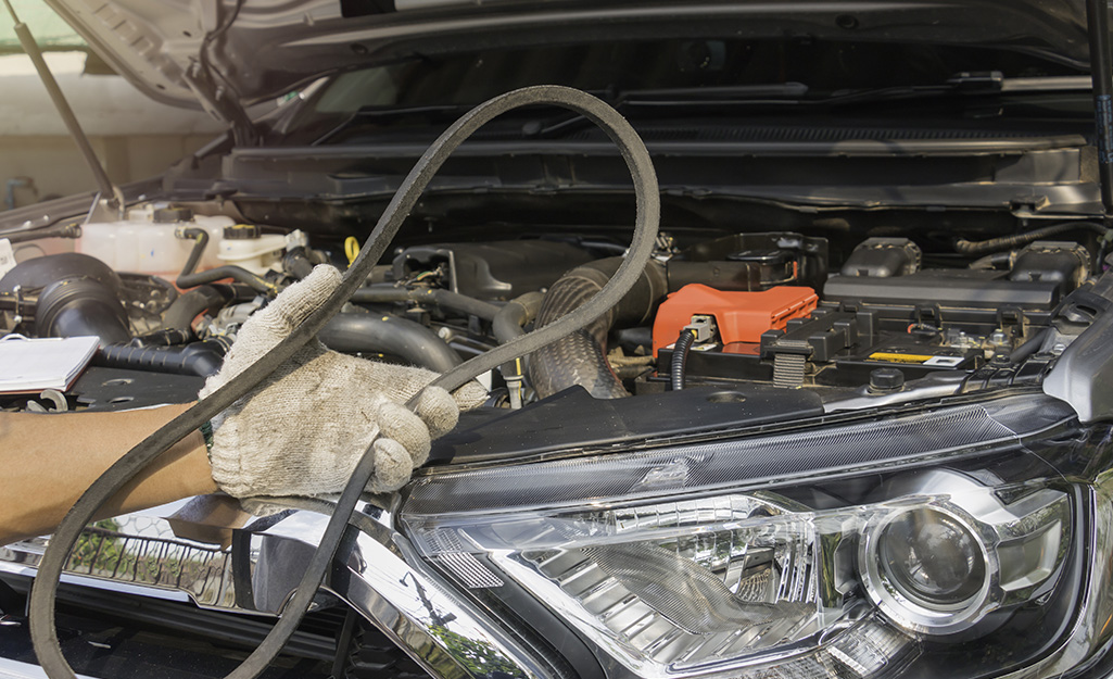 A person holds up a vehicle's engine belt.