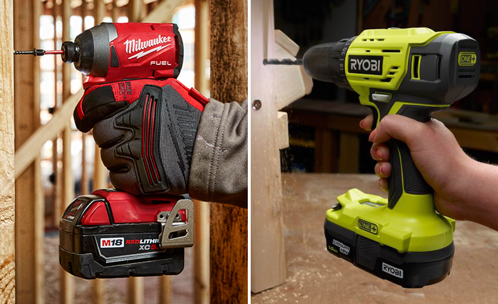 Side by side images of an impact driver and a power drill.