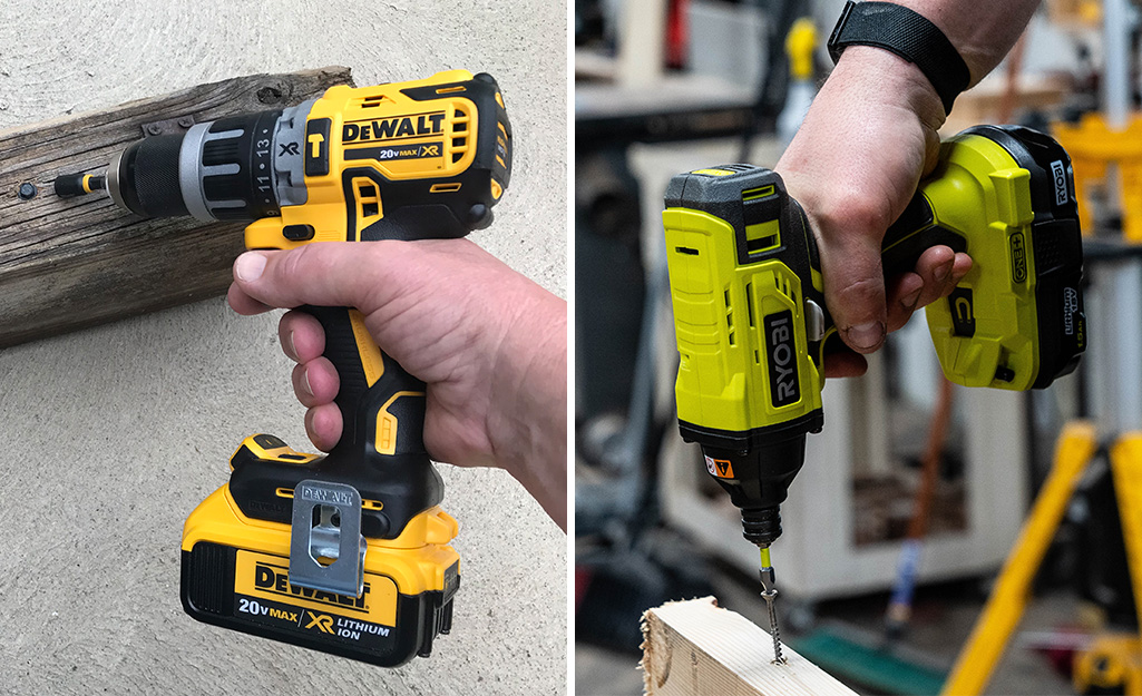 Side by side images of a hammer drill and an impact driver.