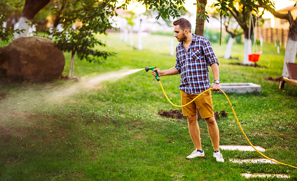 A man using a hose to water his lawn.