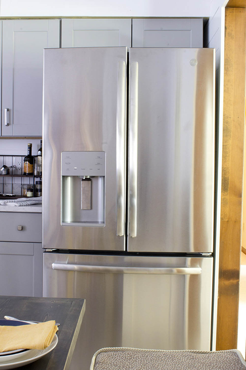 A GE stainless steel refrigerator.